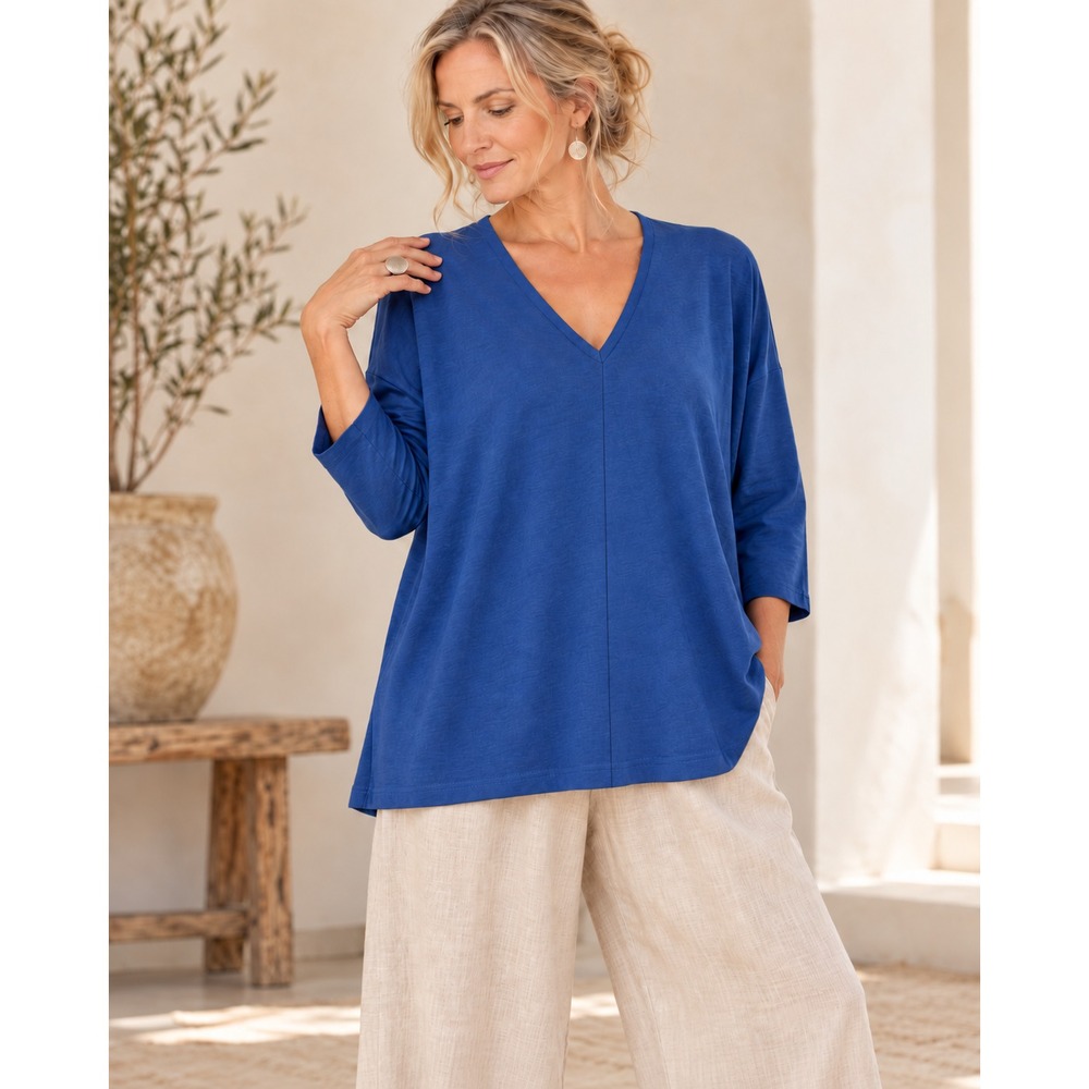 Bryn Walker Blue Bamboo Organic Cotton V-Neck Boxy Tunic Top Small Oversized